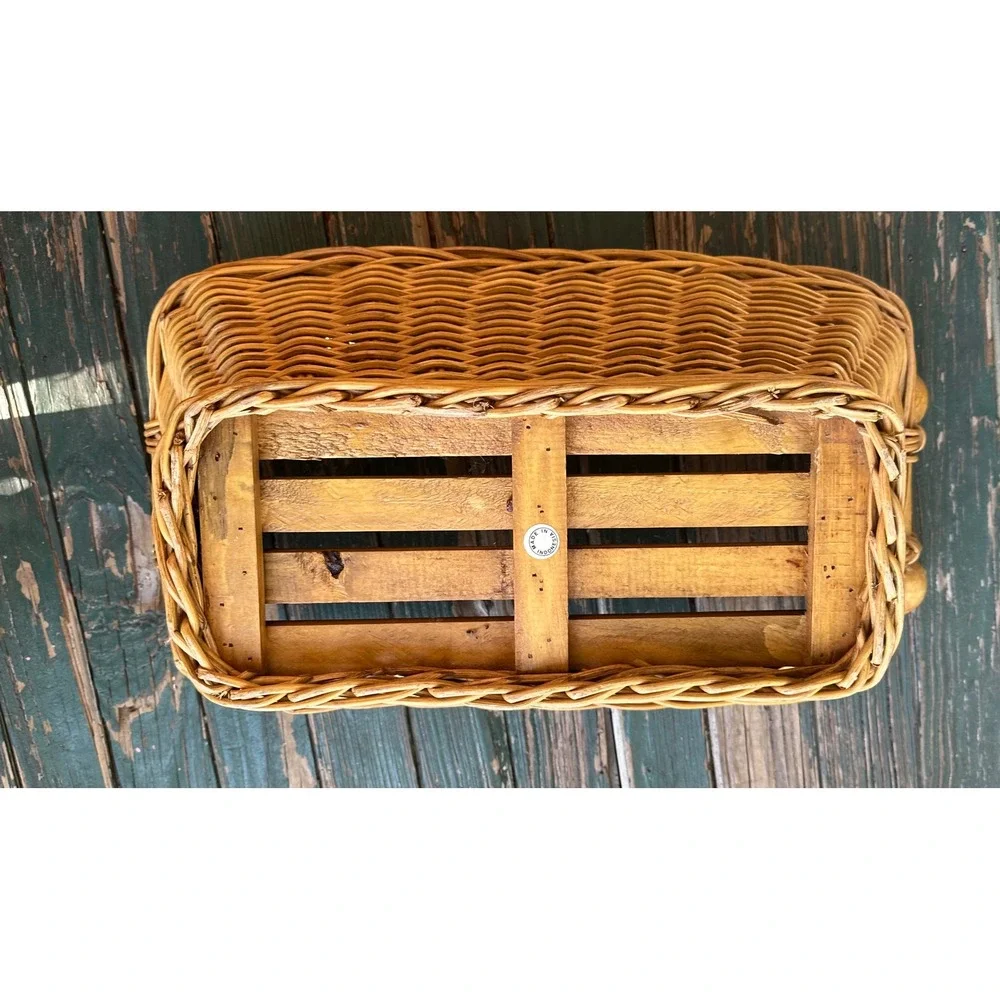 Vintage Wicker Storage Basket Wood Slat Bottom Chunky Handles Indonesia 18x11x7
